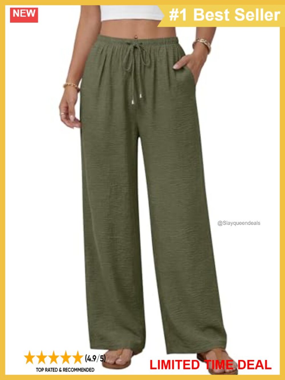 Wide Leg Palazzo Pants with Pockets, High Waist Drawstring, 100% Polyester,